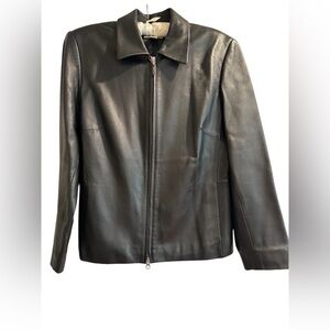 Talbots women’s black leather zip jacket. Size 12 petites